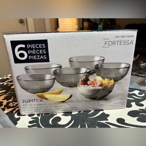 New! Fortessa Jupiter Set of 6 Gray Glass Bowls NIB